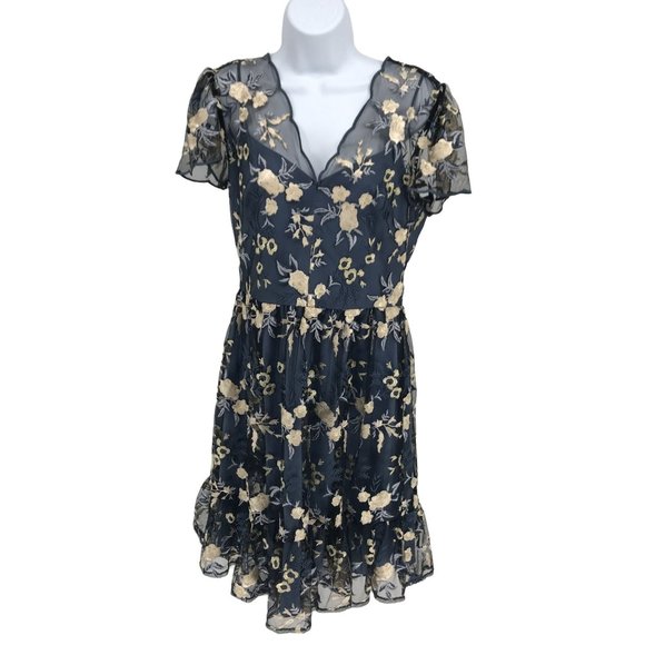 Gal Meets Glam Bridget Embroidered Dress Size 8 Navy Blue Floral Romantic Event - Picture 2 of 13